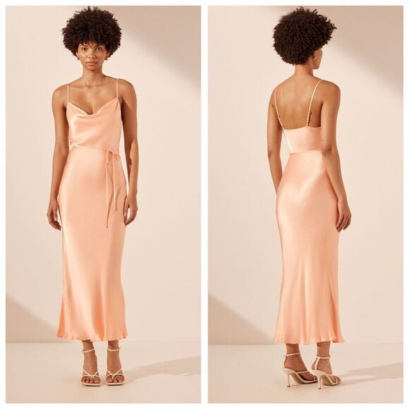 NWT Shona Joy La Lune Womens Bias Cowl Drape Satin Midi Dress Peach Size US 6 - Picture 1 of 12